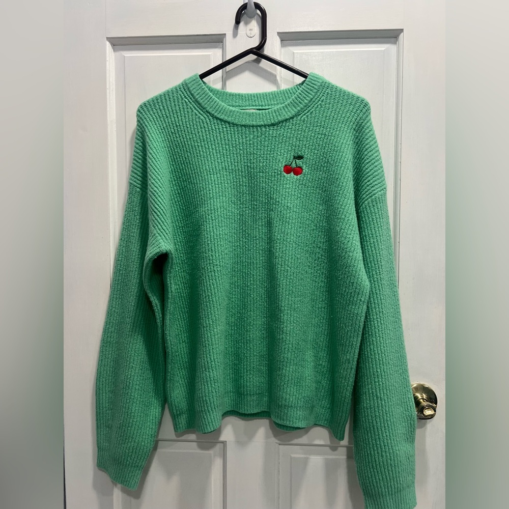A NEW DAY Green Ribbed Cozy Knit Embroidered Red Cherry Sweater LARGE Pre Loved
